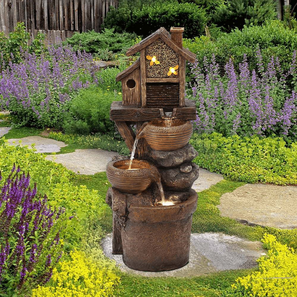 29 inch Rustic Resin Bowls & Birdhouse Fountain
