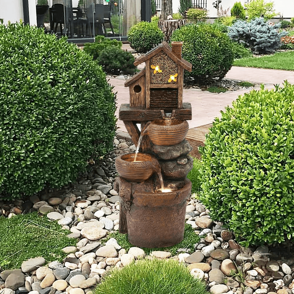 29 inch Rustic Resin Bowls & Birdhouse Fountain