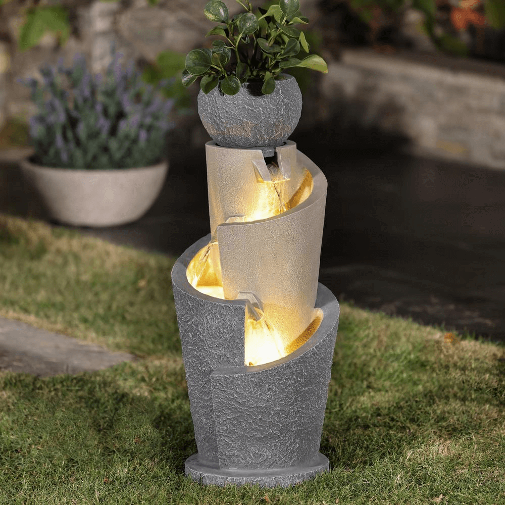 3-Tier Gray Spiral Fountain Sculpture for Serenity
