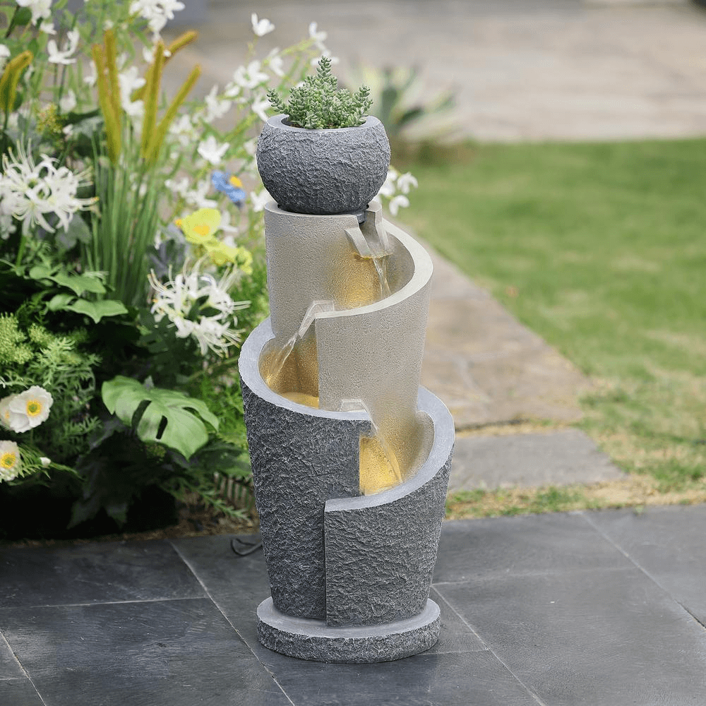 3-Tier Gray Spiral Fountain Sculpture for Serenity