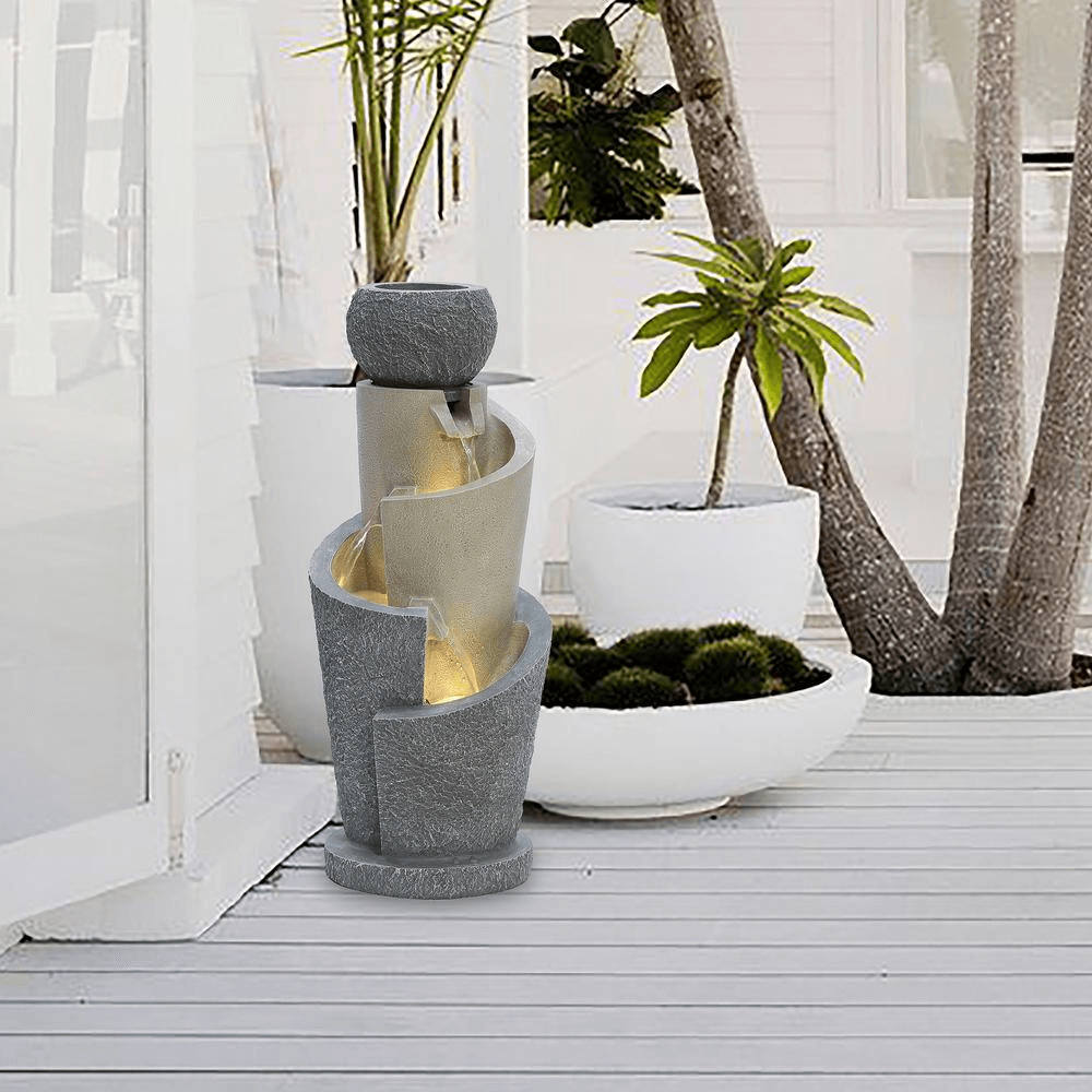 3-Tier Gray Spiral Fountain Sculpture for Serenity
