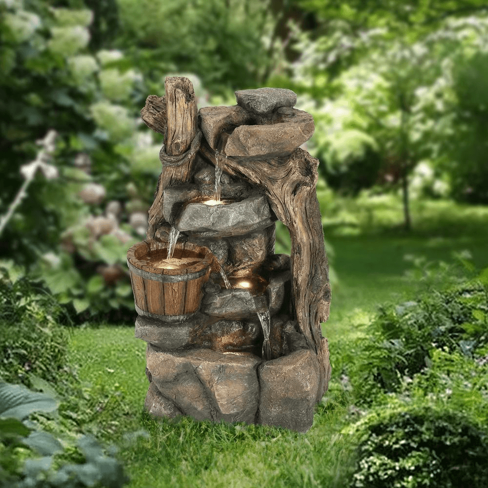5-Tier Driftwood and Barrel Outdoor Water Fountain