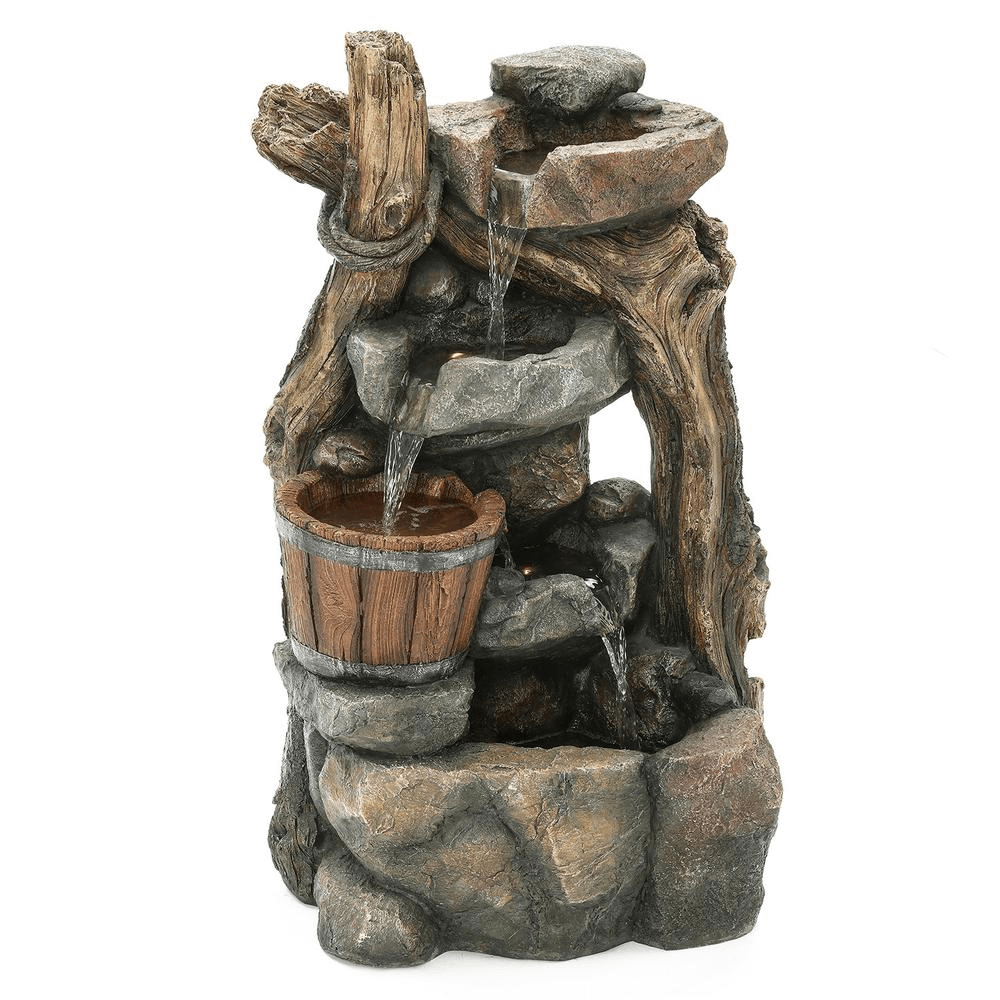 5-Tier Driftwood and Barrel Outdoor Water Fountain