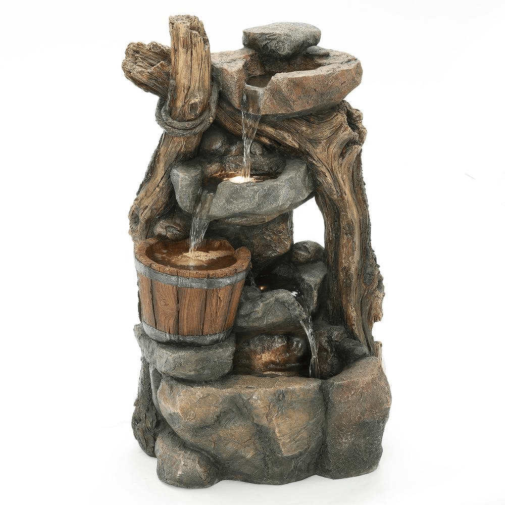 5-Tier Driftwood and Barrel Outdoor Water Fountain