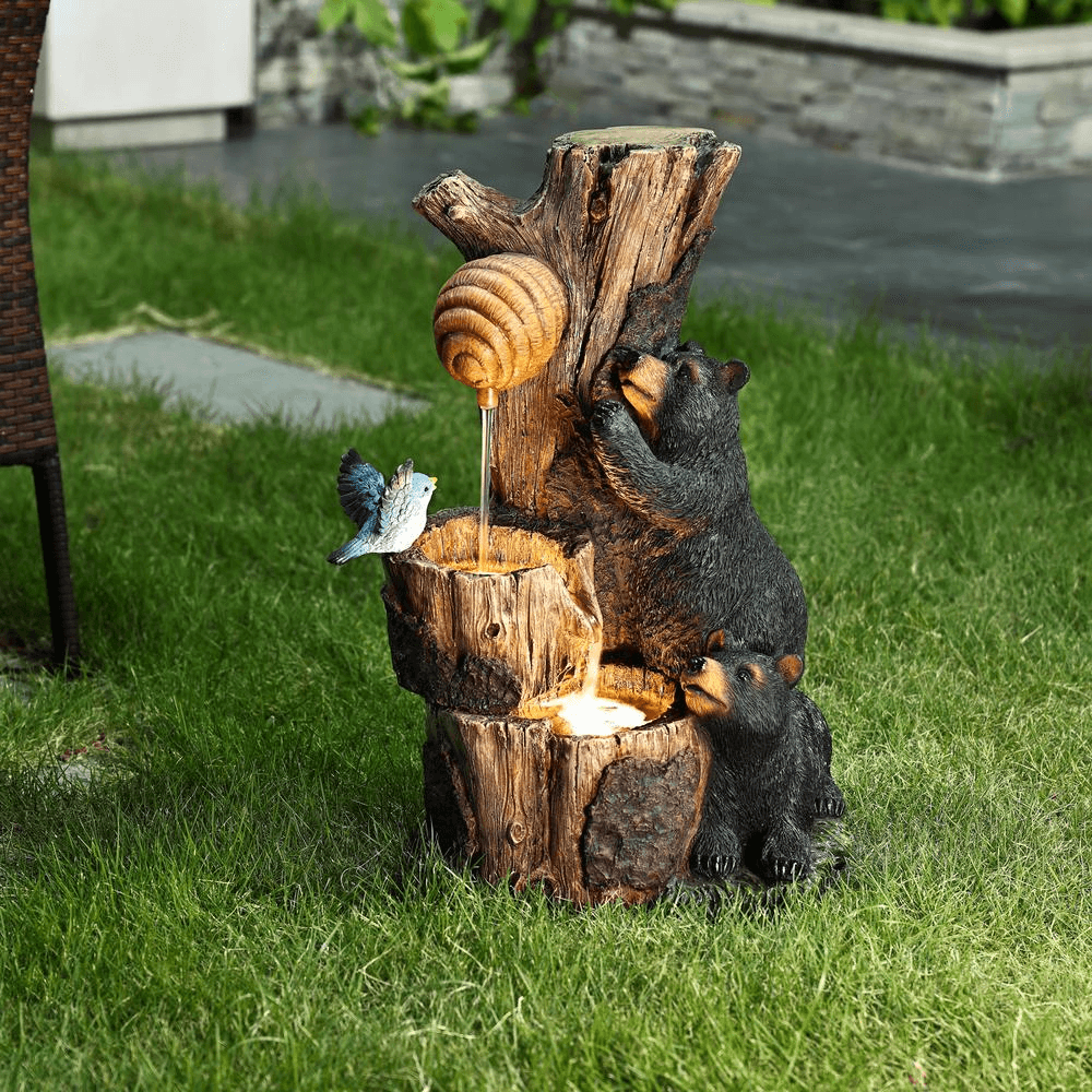 Charming Bear & Honey Beehive Outdoor Fountain