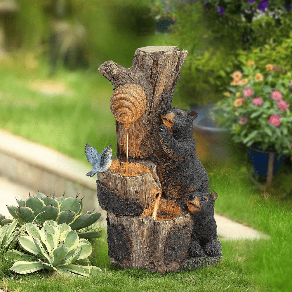 Charming Bear & Honey Beehive Outdoor Fountain