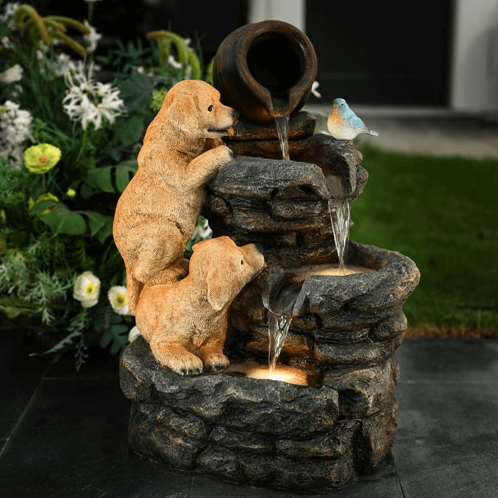 Charming Puppy Rock Tower Farmhouse Outdoor Water Fountain