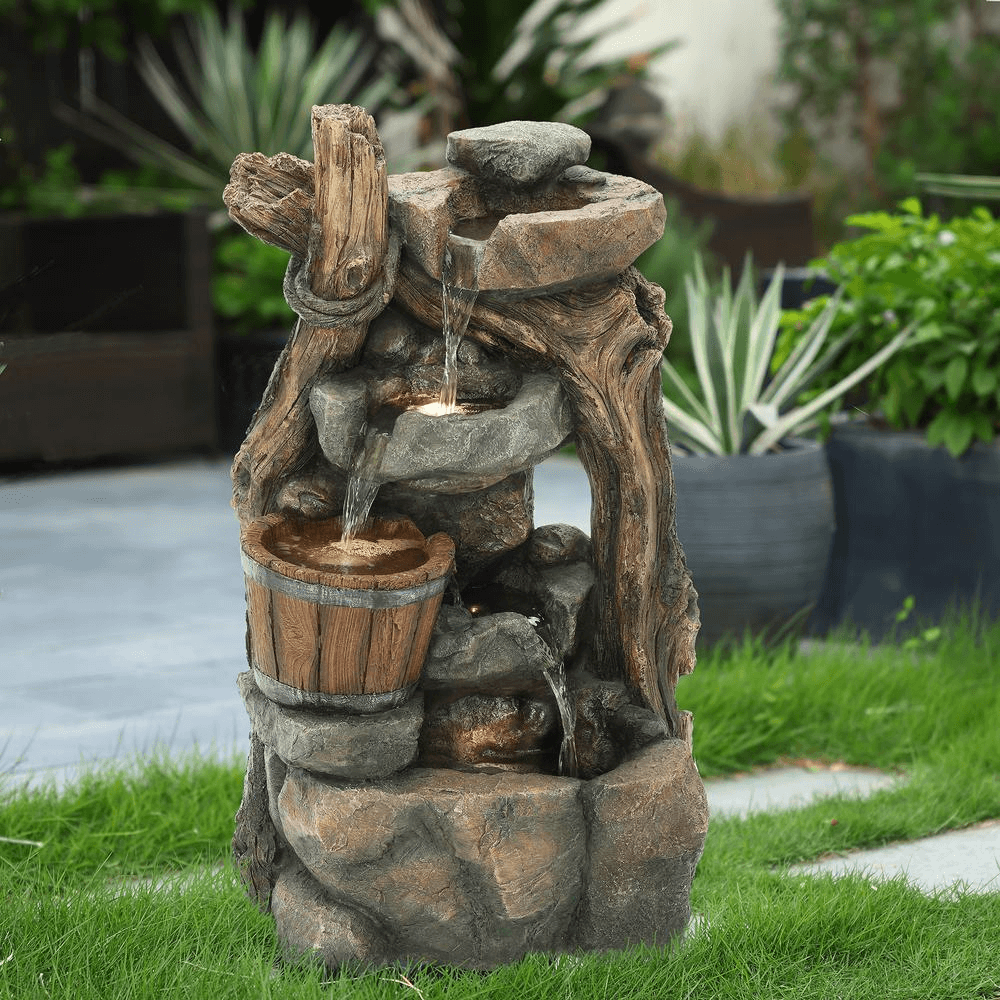 5-Tier Driftwood and Barrel Outdoor Water Fountain