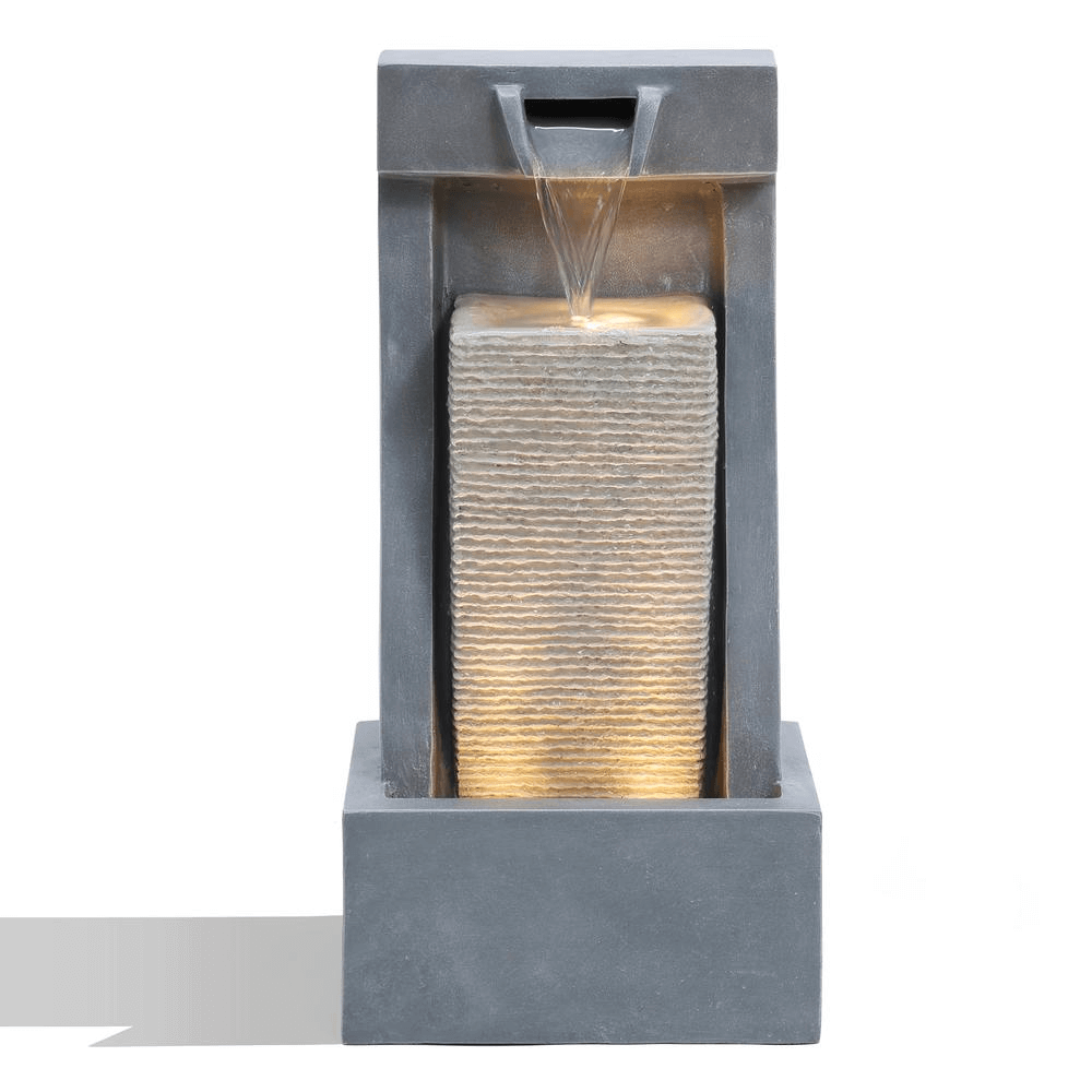 Gray Resin 2-Column Outdoor Water Fountain with LED Lights