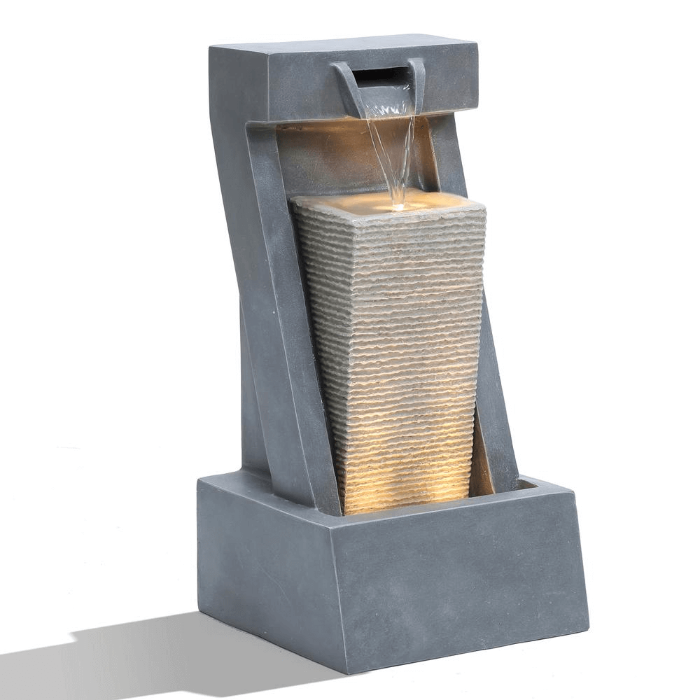Gray Resin 2-Column Outdoor Water Fountain with LED Lights