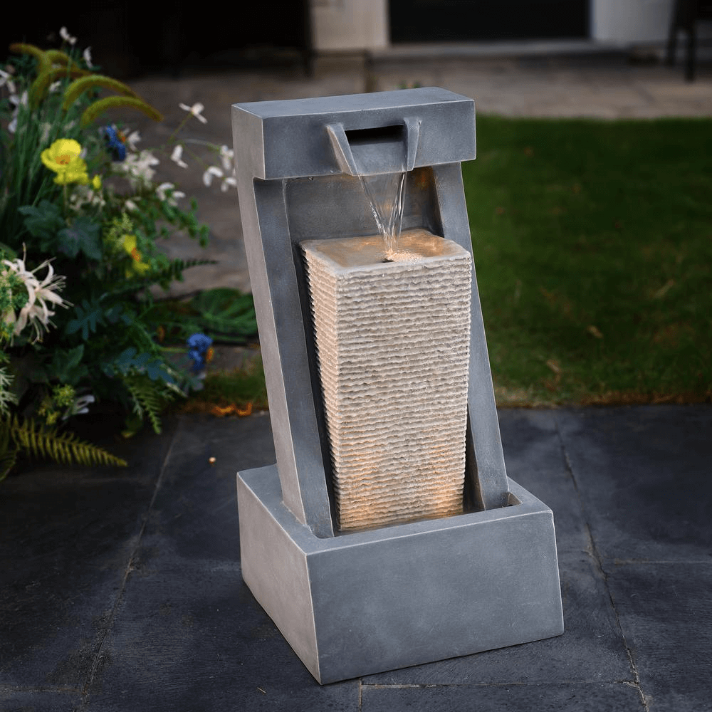 Gray Resin 2-Column Outdoor Water Fountain with LED Lights