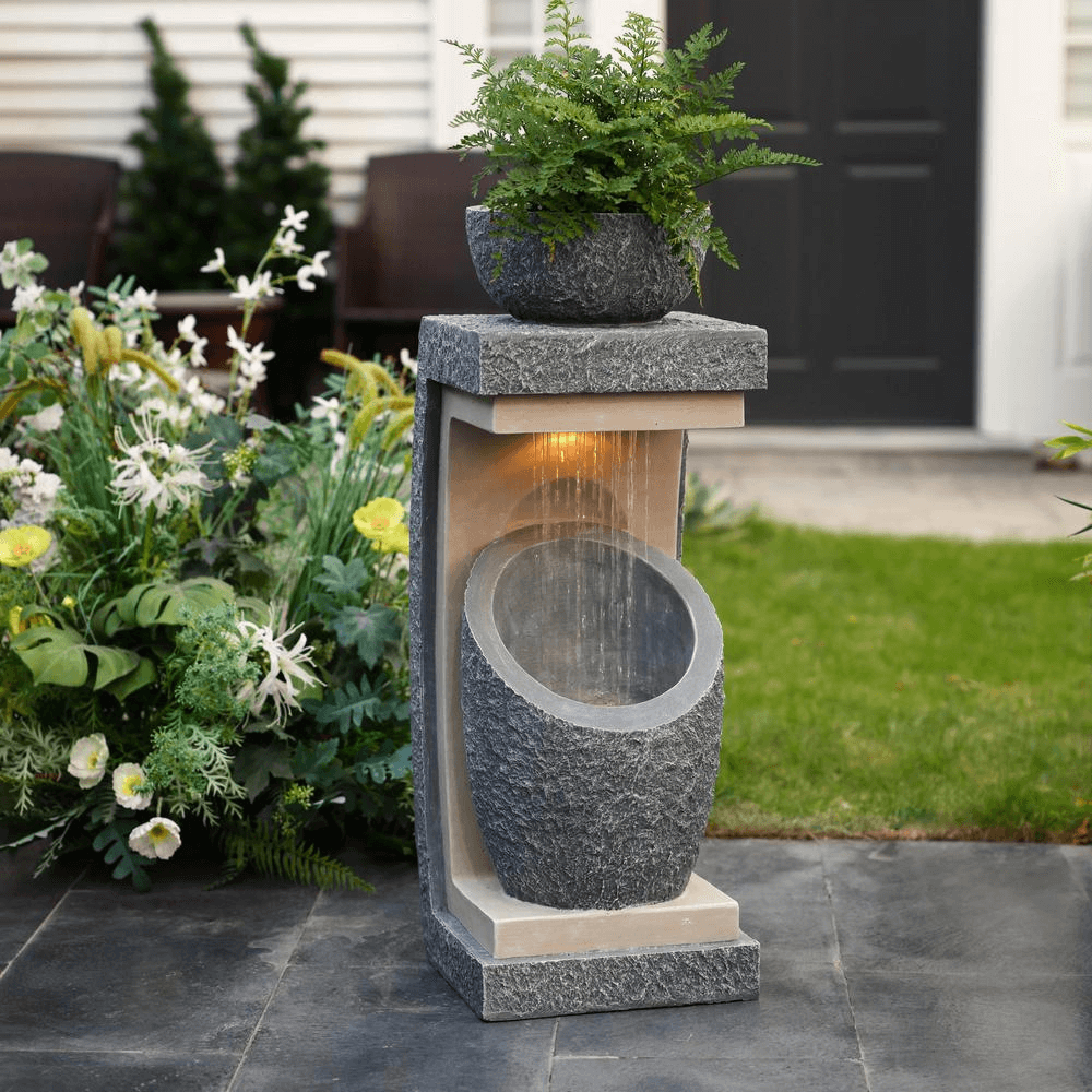 Elegant Gray Resin Column & Bowl Outdoor Fountain