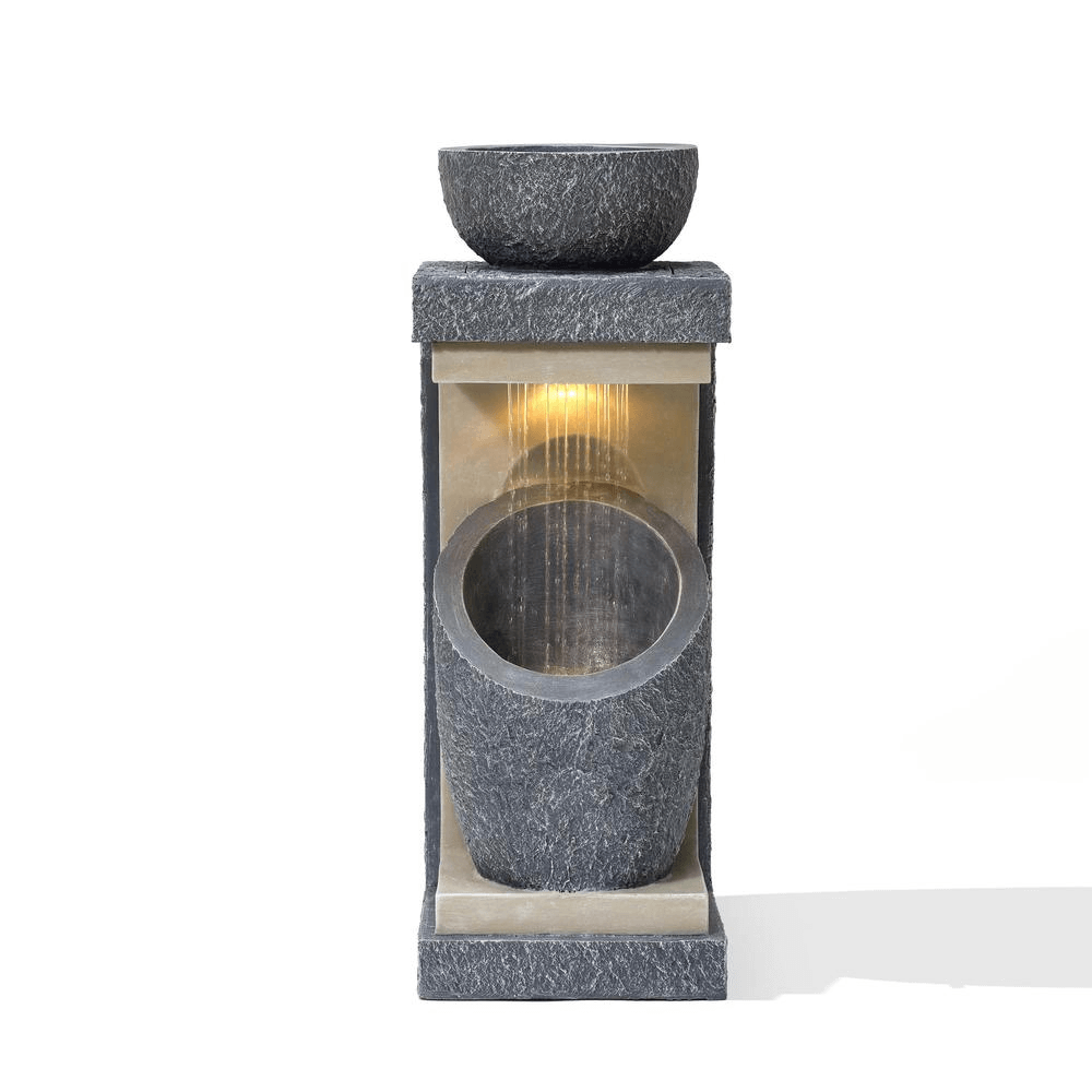 Elegant Gray Resin Column & Bowl Outdoor Fountain