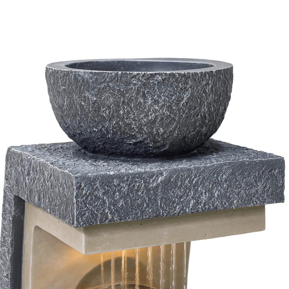 Elegant Gray Resin Column & Bowl Outdoor Fountain