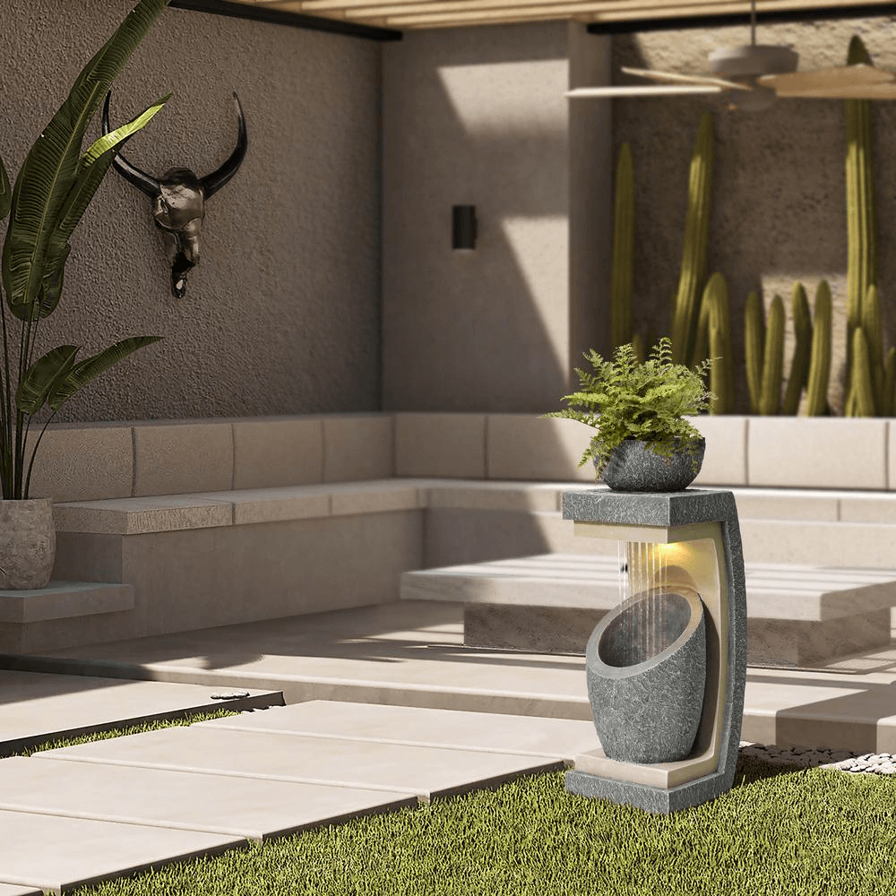 Elegant Gray Resin Column & Bowl Outdoor Fountain