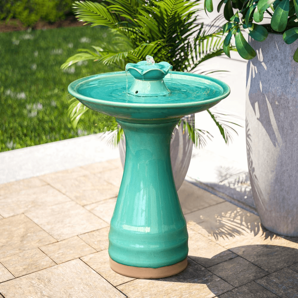 22 Inch Aqua-Glazed Ceramic Birdbath Water Fountain