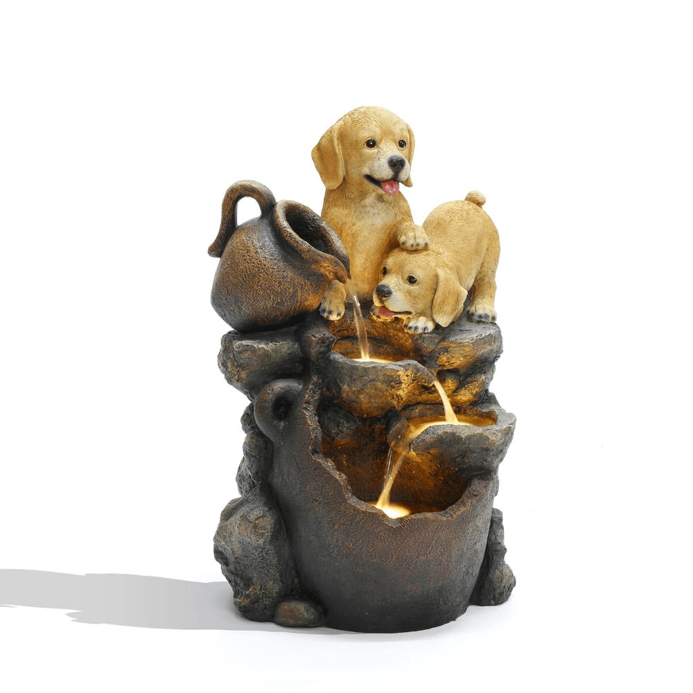 Farmhouse Puppy Fountain – Lighted Resin Outdoor