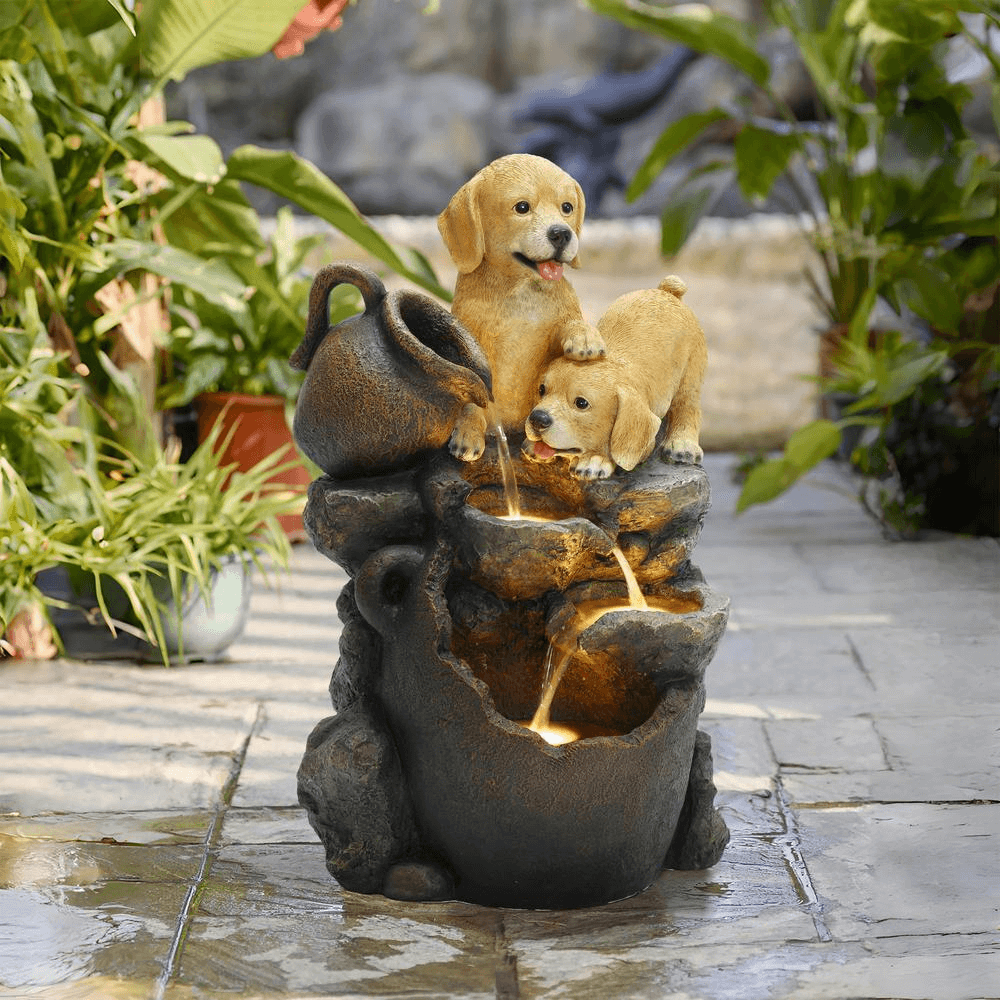 Farmhouse Puppy Fountain – Lighted Resin Outdoor