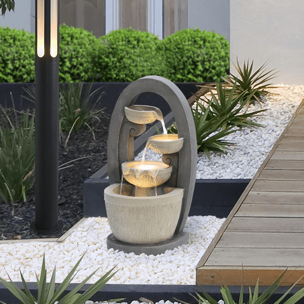 Luxury Gray Oval Cascading Bowl Fountain with LED Lights