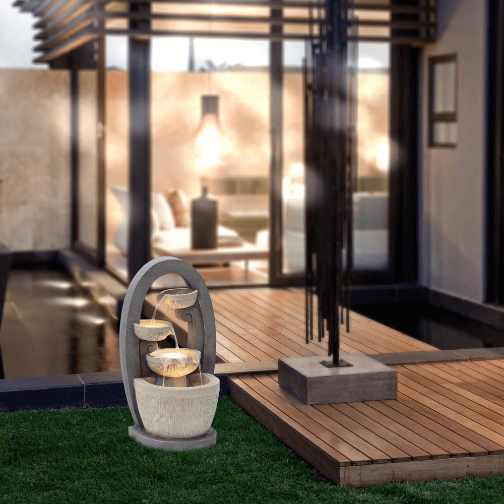 Luxury Gray Oval Cascading Bowl Fountain with LED Lights