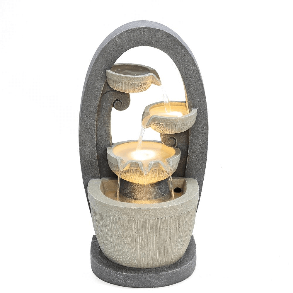 Luxury Gray Oval Cascading Bowl Fountain with LED Lights
