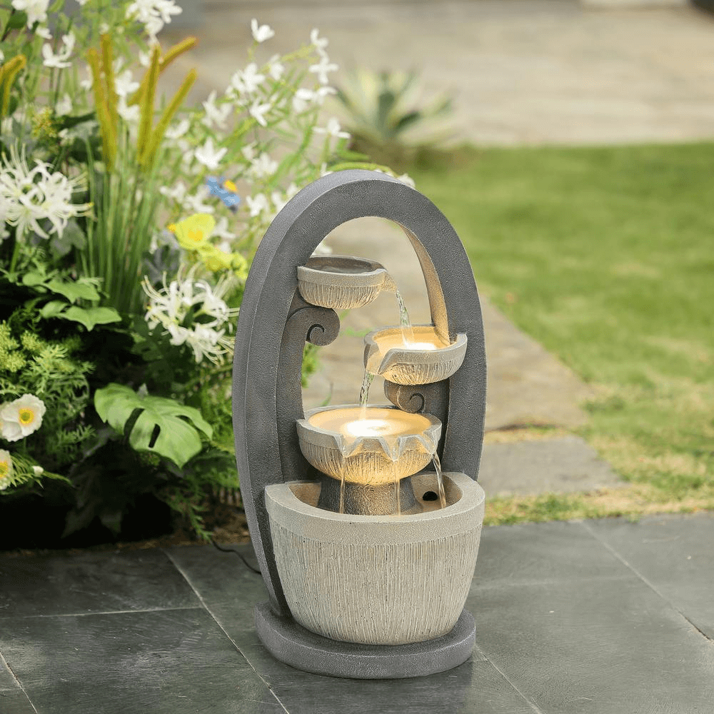 Luxury Gray Oval Cascading Bowl Fountain with LED Lights
