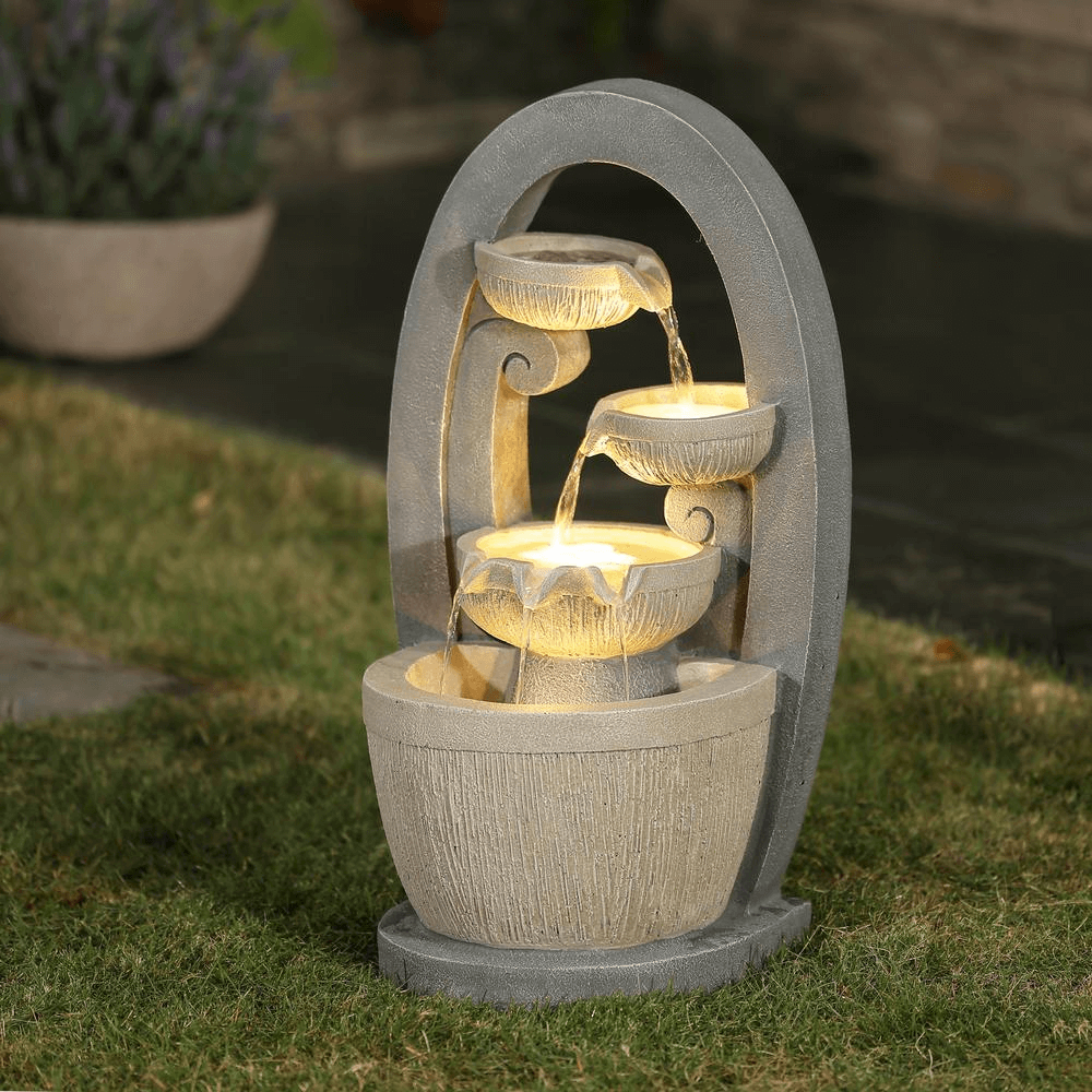 Luxury Gray Oval Cascading Bowl Fountain with LED Lights