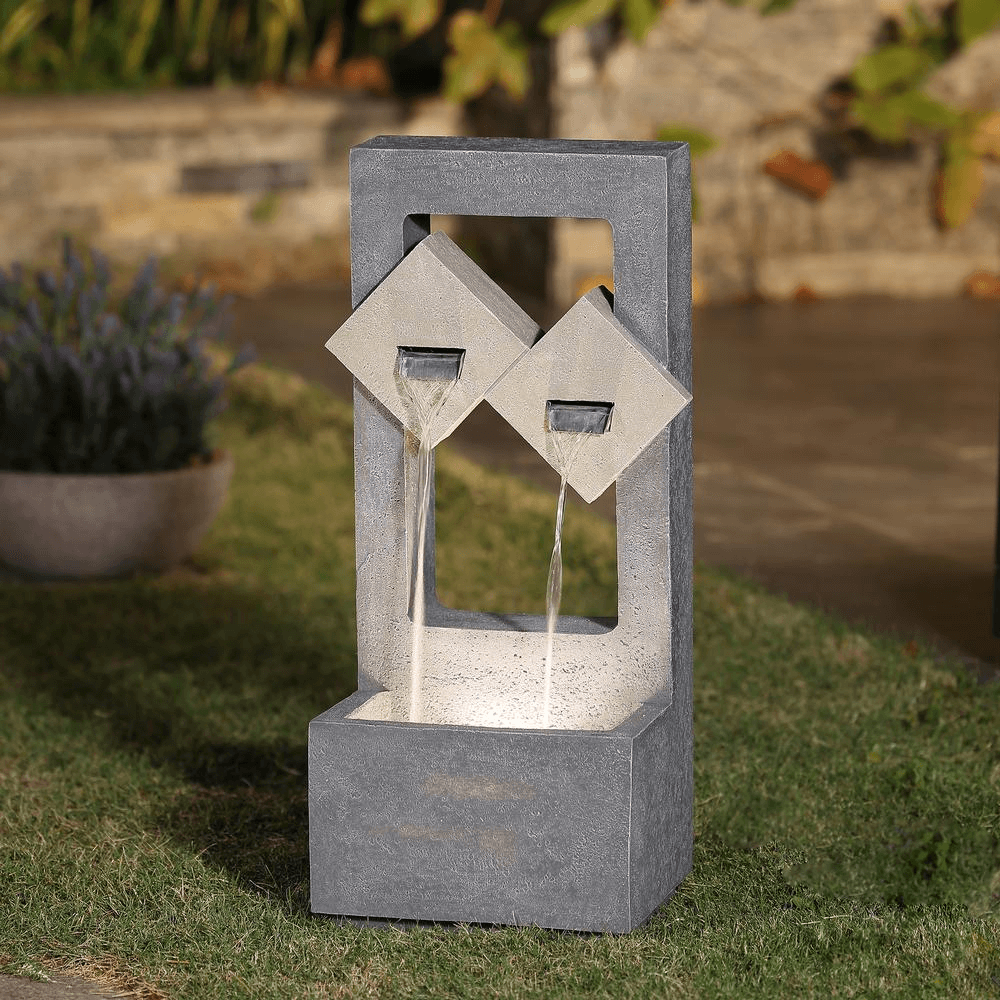 Double Diamond Dual Spout Outdoor Waterfall Fountain