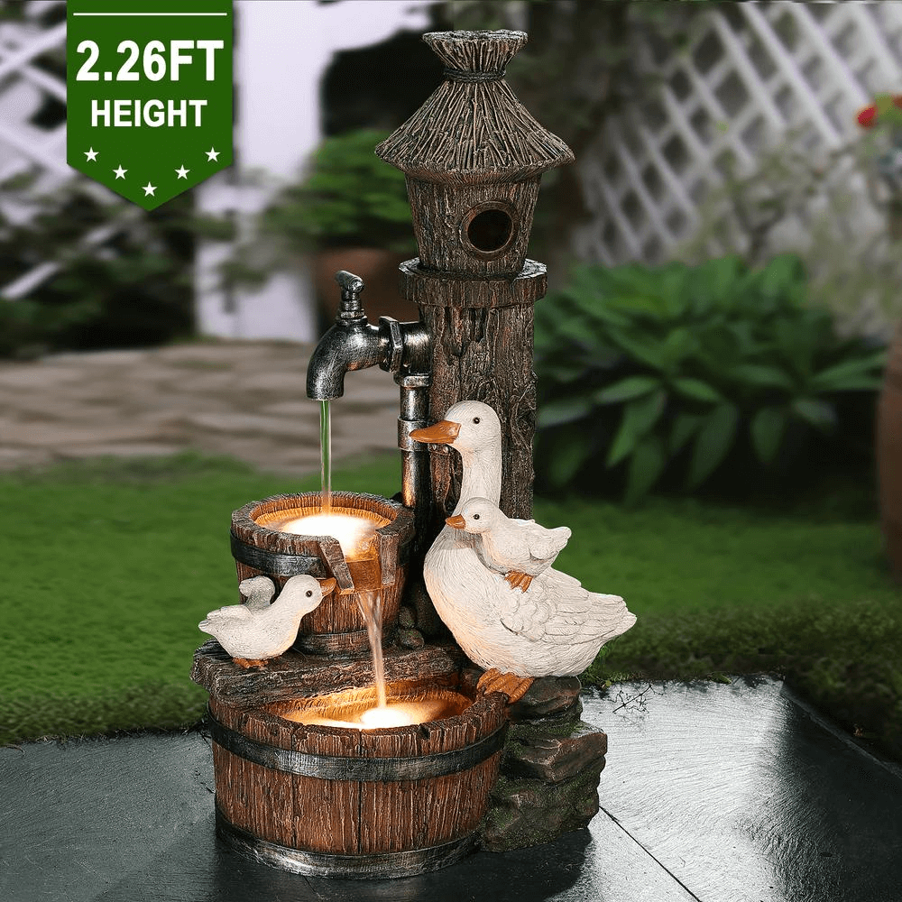 27 Inch Farmhouse Ducks & Birdhouse Outdoor Water Fountain