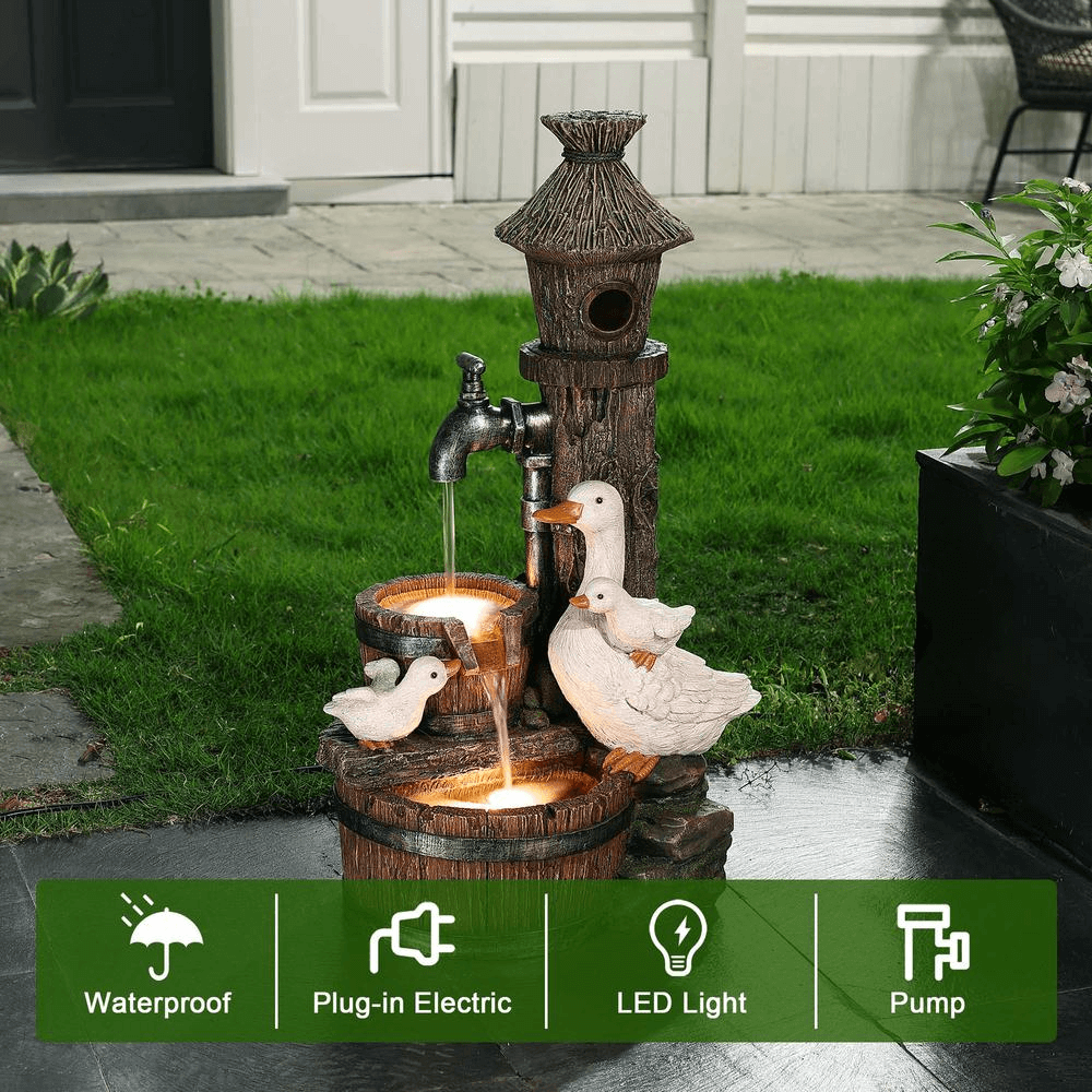 27 Inch Farmhouse Ducks & Birdhouse Outdoor Water Fountain