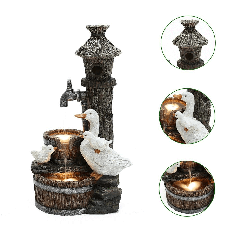 27 Inch Farmhouse Ducks & Birdhouse Outdoor Water Fountain