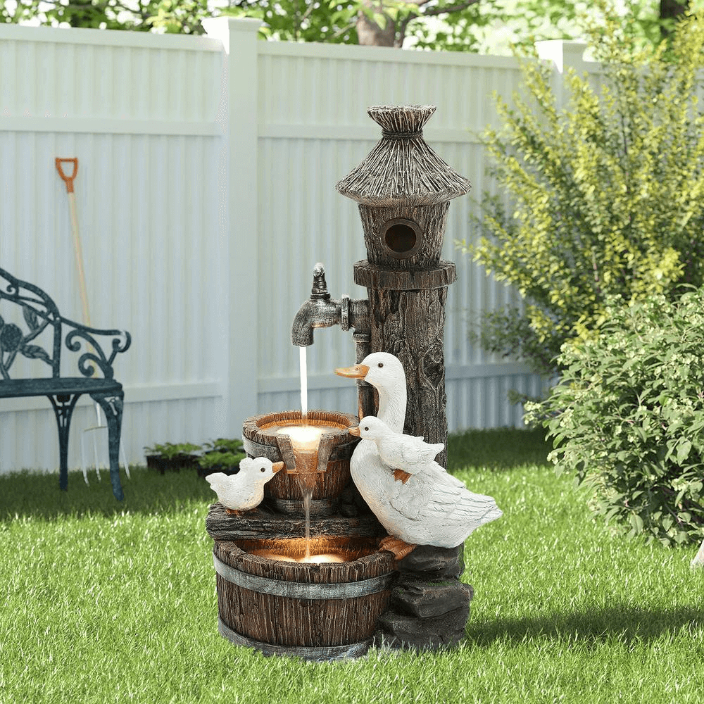 27 Inch Farmhouse Ducks & Birdhouse Outdoor Water Fountain