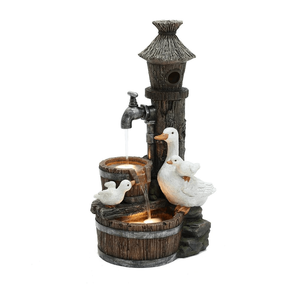 27 Inch Farmhouse Ducks & Birdhouse Outdoor Water Fountain