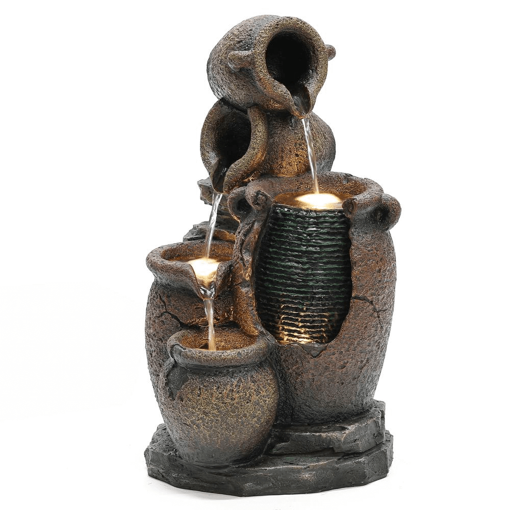 Rustic Brown Resin Outdoor Fountain with LED Lights