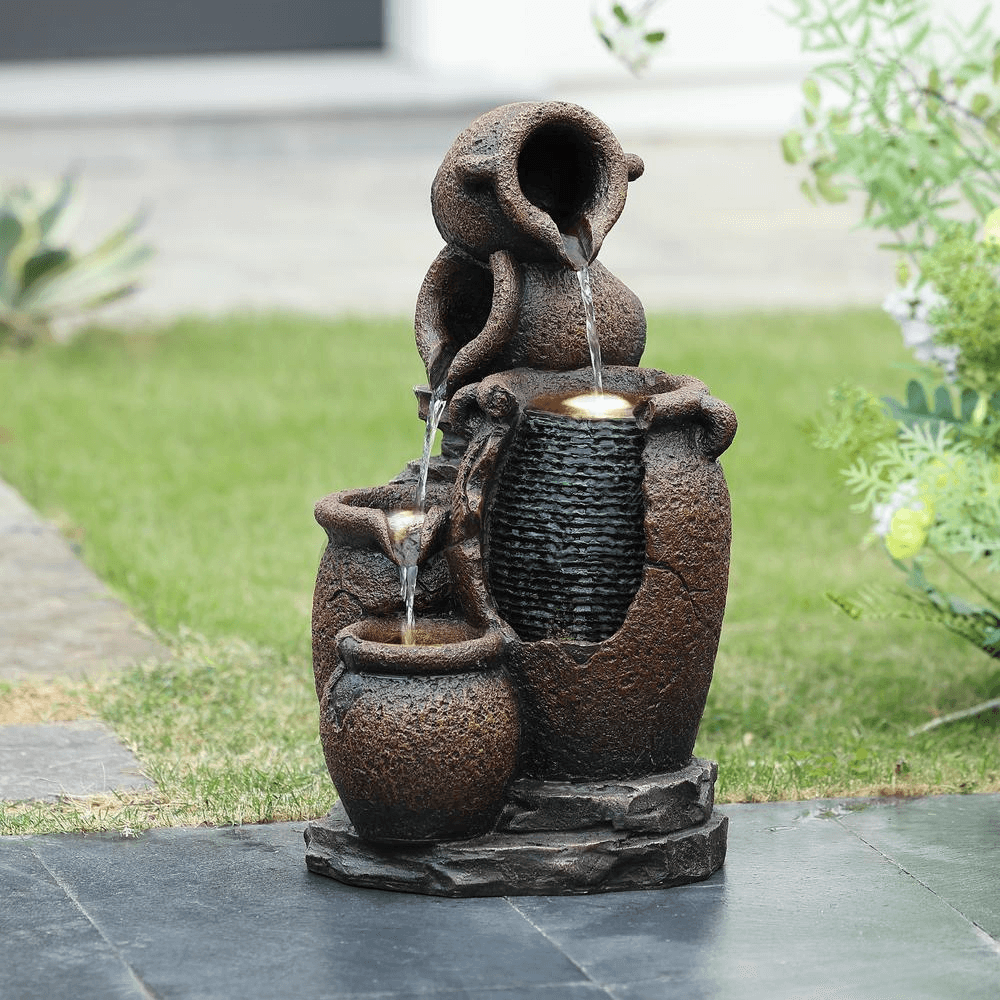 Rustic Brown Resin Outdoor Fountain with LED Lights