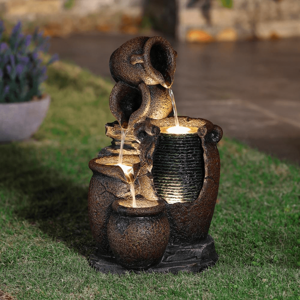 Rustic Brown Resin Outdoor Fountain with LED Lights