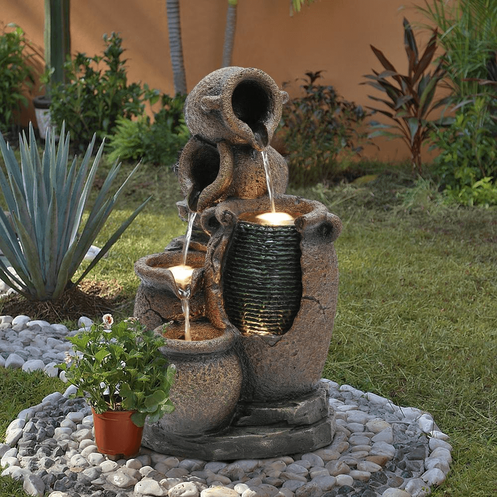 Rustic Brown Resin Outdoor Fountain with LED Lights