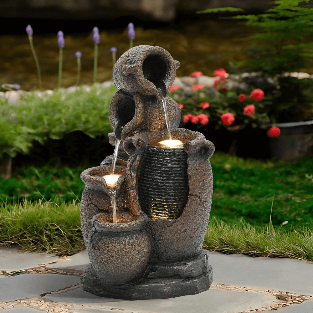 Rustic Brown Resin Outdoor Fountain with LED Lights