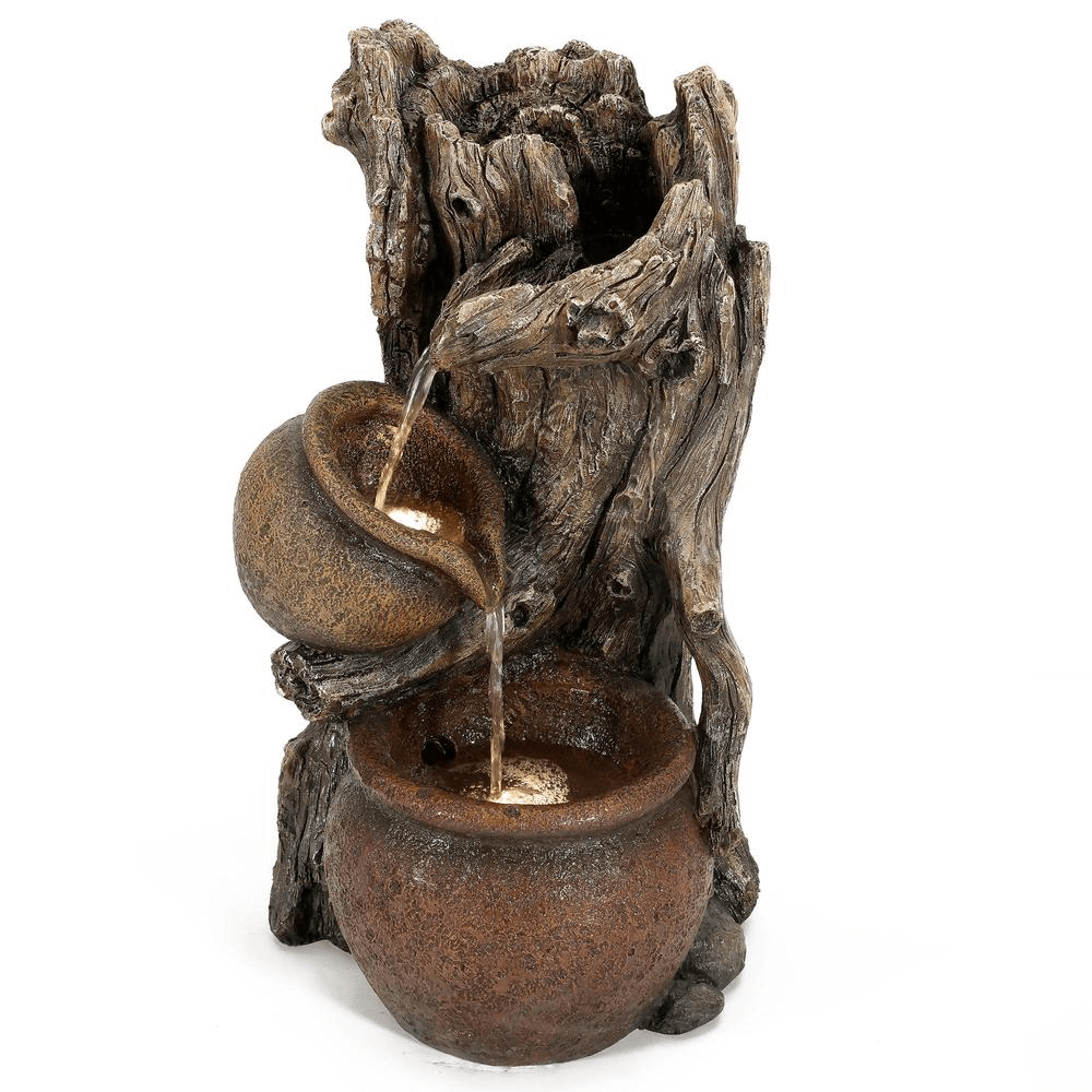 Rustic Brown Resin Tree Trunk & Pots Outdoor Water Fountain