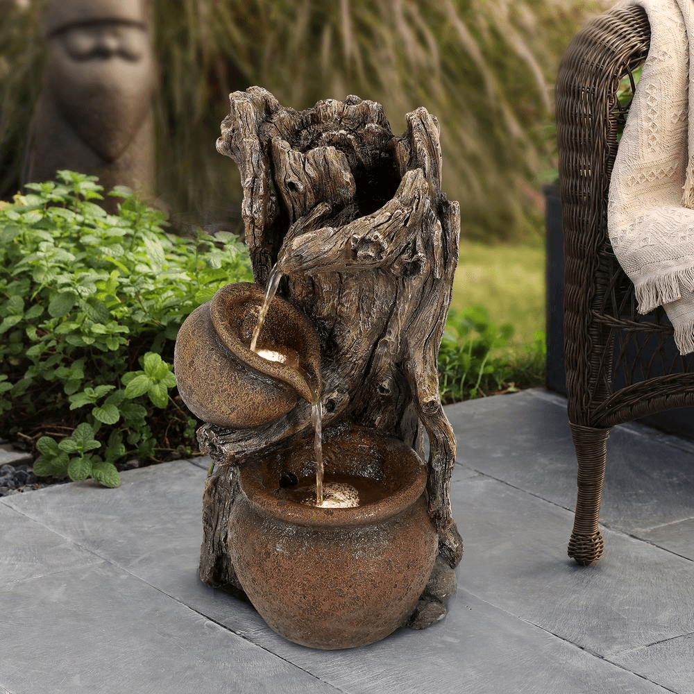 Rustic Brown Resin Tree Trunk & Pots Outdoor Water Fountain
