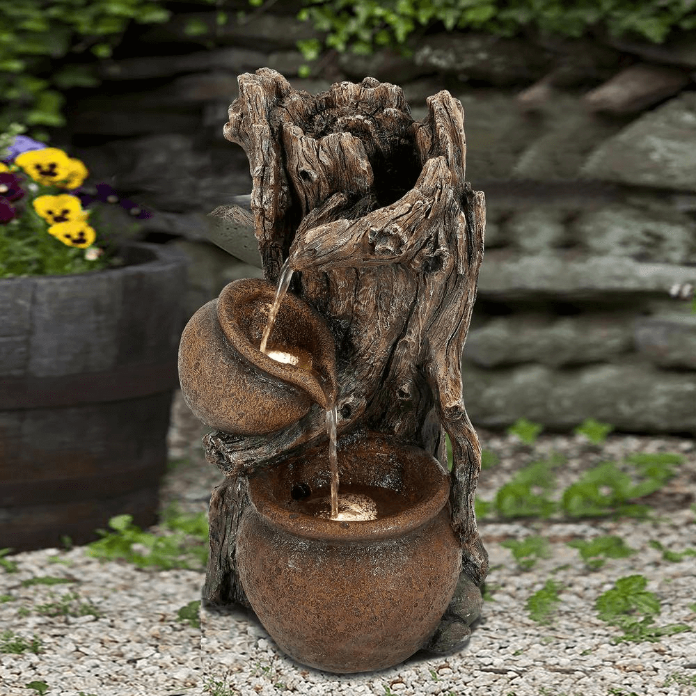 Rustic Brown Resin Tree Trunk & Pots Outdoor Water Fountain