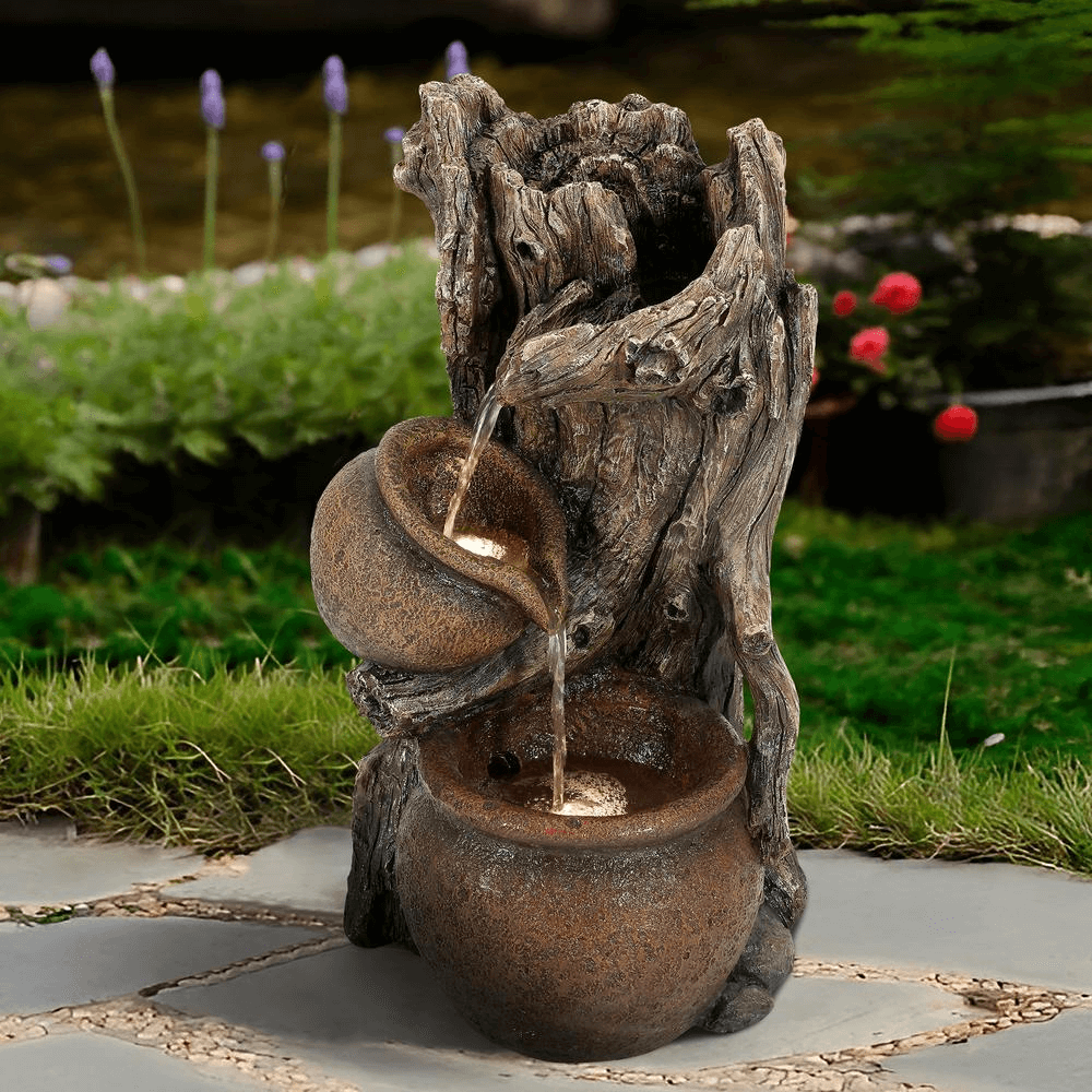 Rustic Brown Resin Tree Trunk & Pots Outdoor Water Fountain