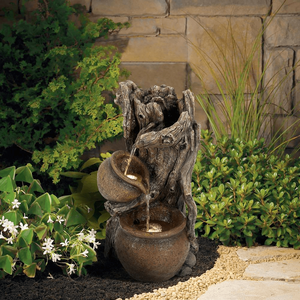Rustic Brown Resin Tree Trunk & Pots Outdoor Water Fountain