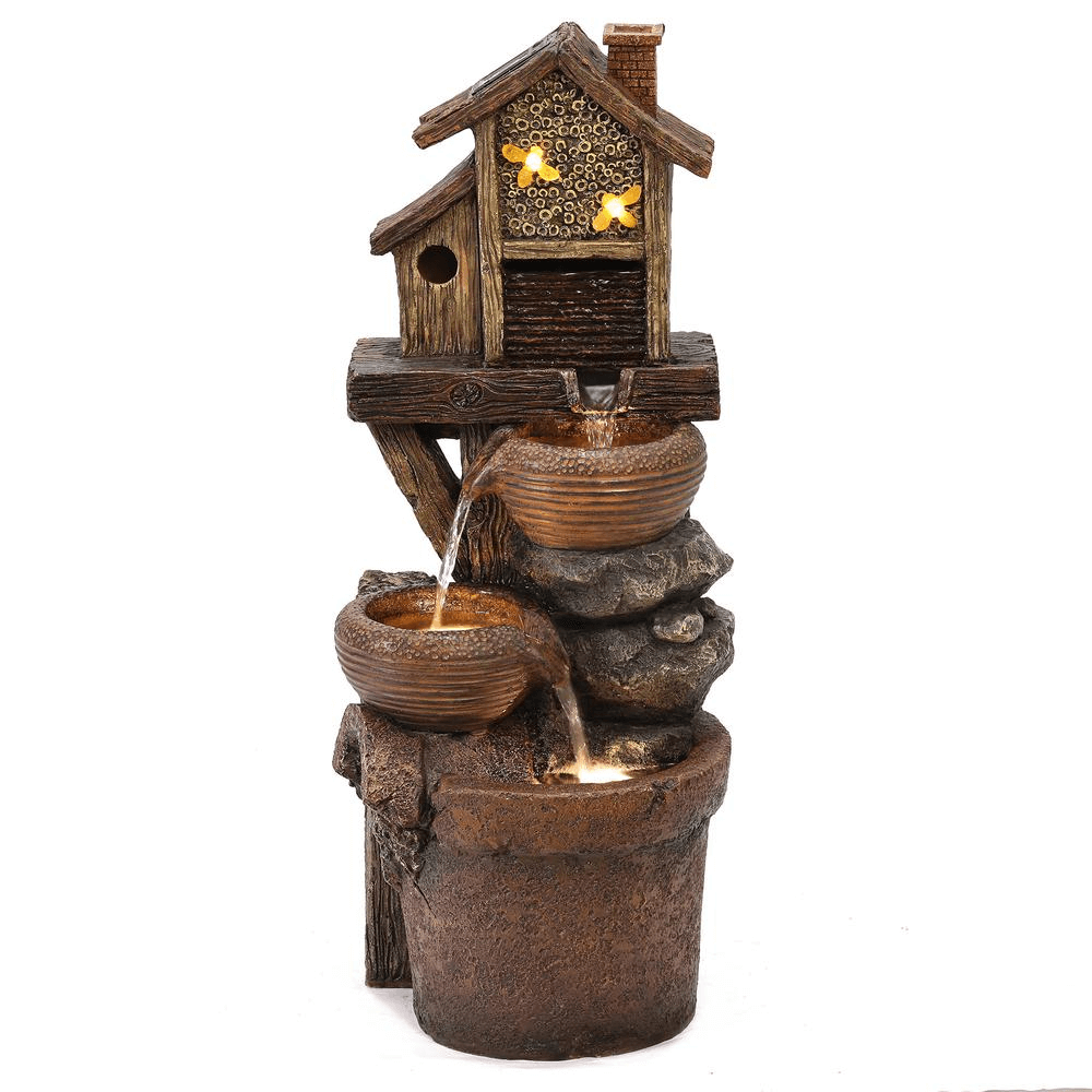 29 inch Rustic Resin Bowls & Birdhouse Fountain