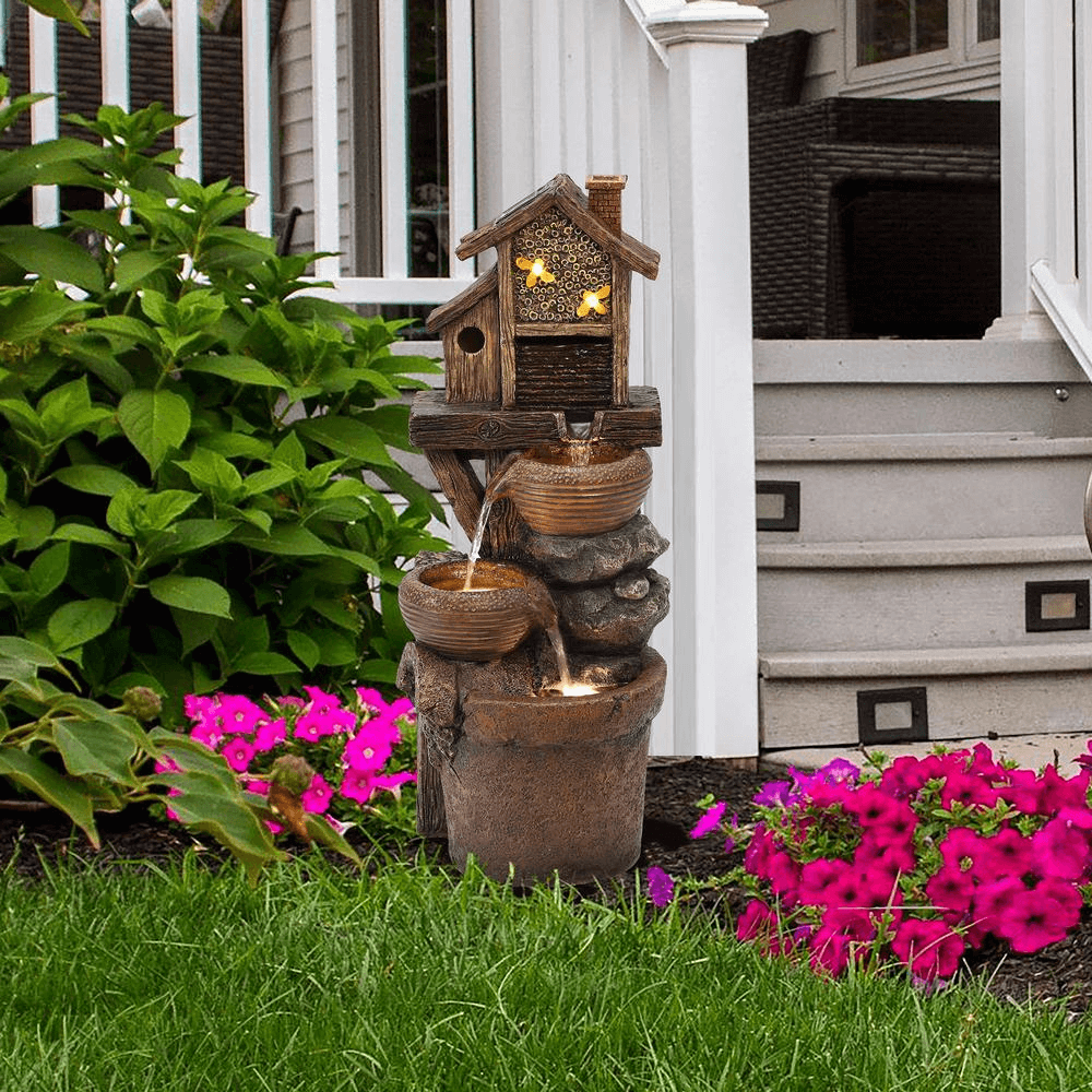 29 inch Rustic Resin Bowls & Birdhouse Fountain