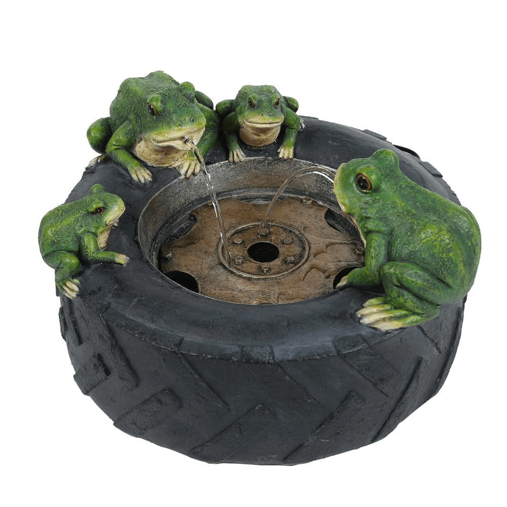 Black Resin Old Tire Frog Friends Outdoor Water Fountain