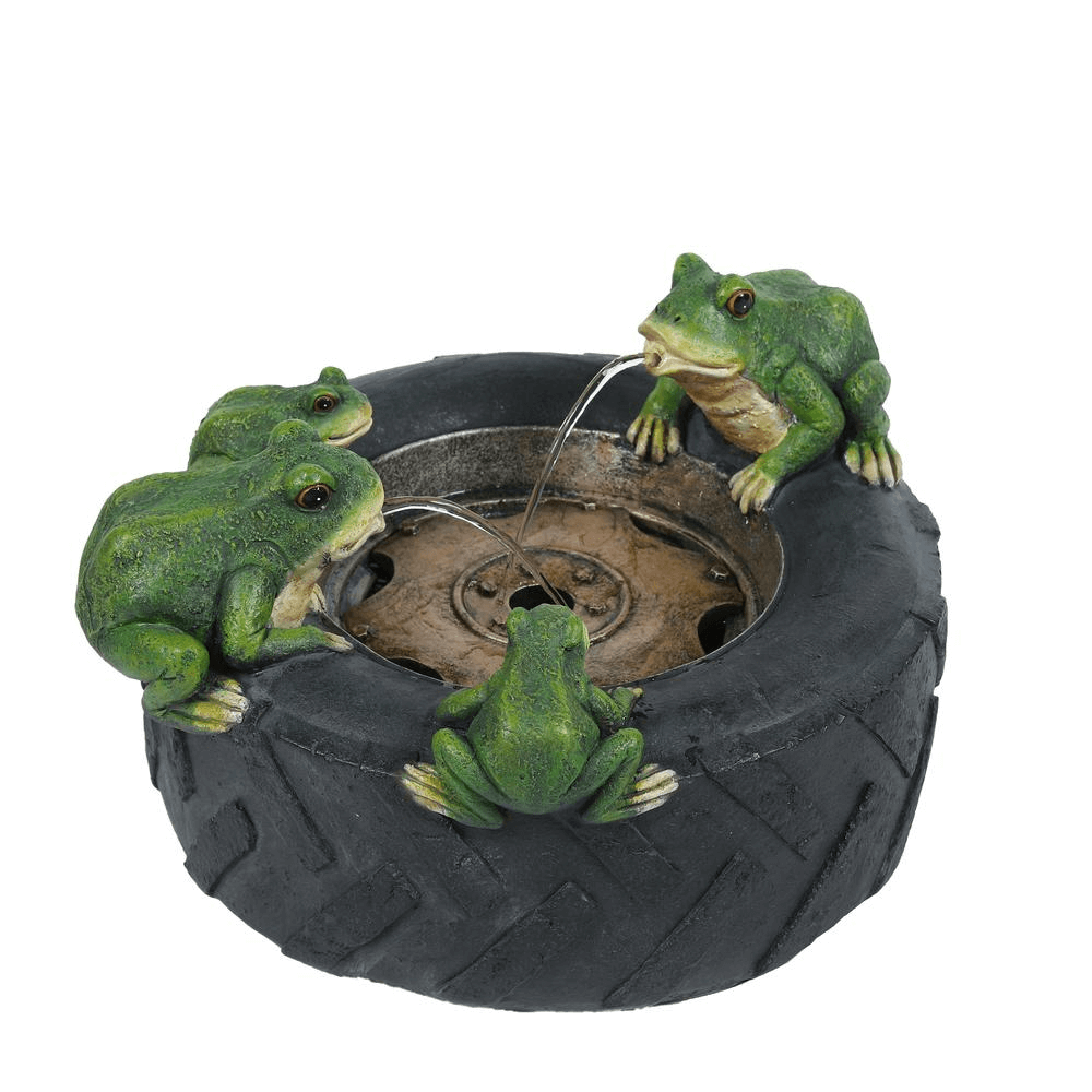 Black Resin Old Tire Frog Friends Outdoor Water Fountain