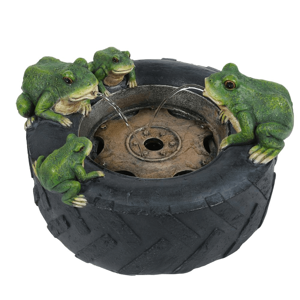 Black Resin Old Tire Frog Friends Outdoor Water Fountain