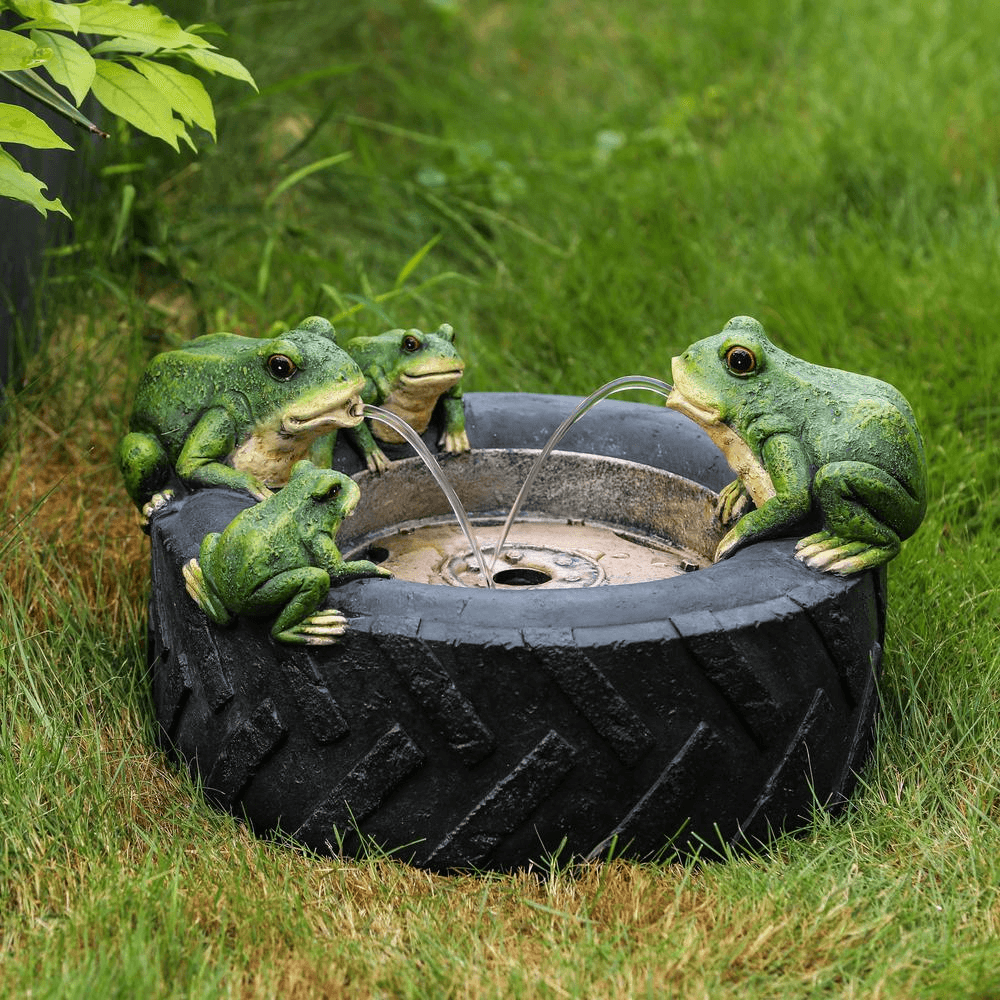 Black Resin Old Tire Frog Friends Outdoor Water Fountain