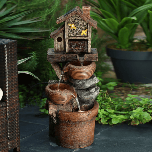 29 inch Rustic Resin Bowls & Birdhouse Fountain